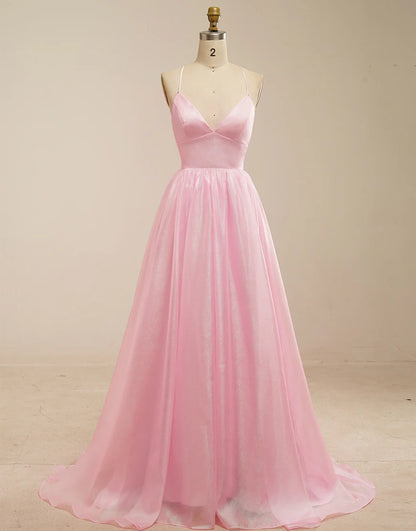 A-Line Tulle V-Neck Long Prom Dress with Lace-Up Back