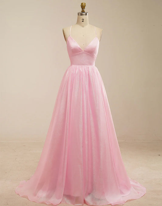 A-Line Tulle V-Neck Long Prom Dress with Lace-Up Back