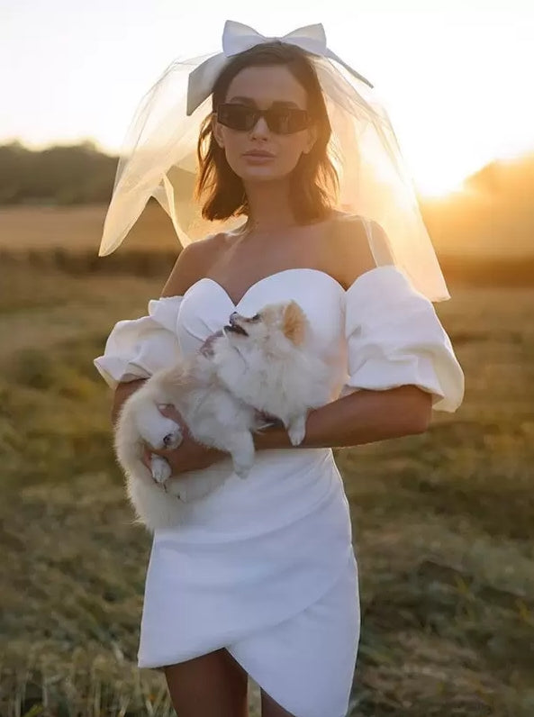 Short Wedding Dresses Bateau Neck Short Sleeves Bubble Sleeved Ball Gown Bridal Gowns
