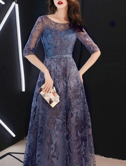 A-Line Evening Gown Wedding Guest Floor Length Half Sleeve Jewel Neck Tulle with Embroidery Pattern / Print