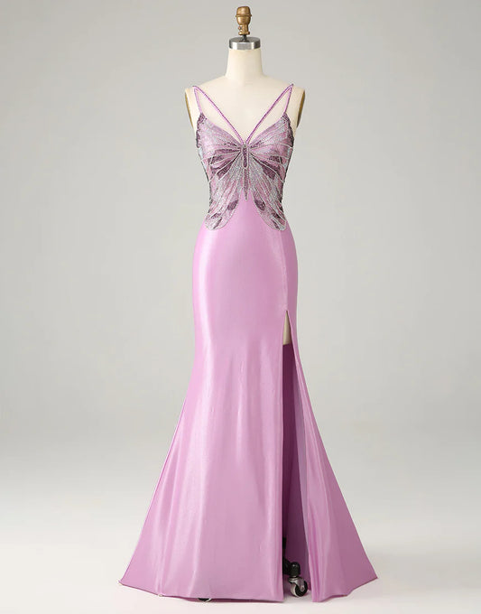 Sequins Purple Mermaid Backless Spaghetti Straps Butterflies Prom Dress