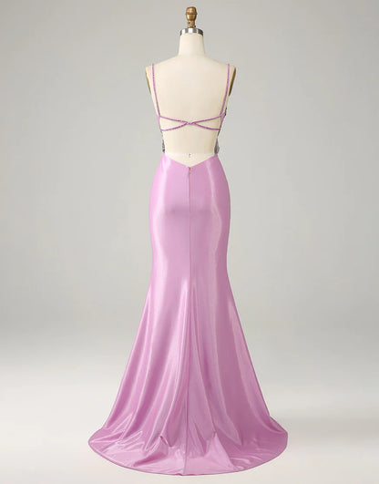 Sequins Purple Mermaid Backless Spaghetti Straps Butterflies Prom Dress