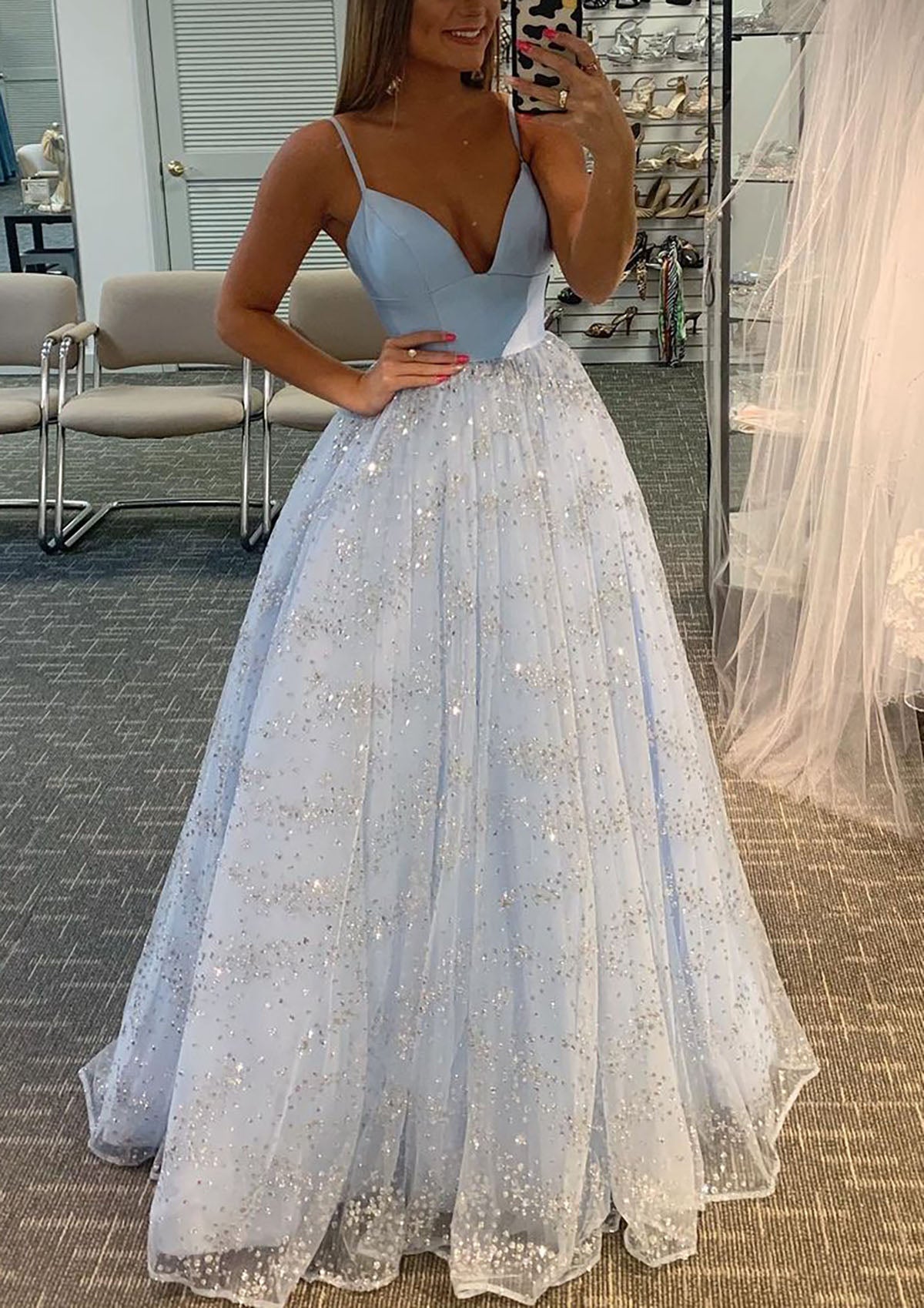 A-line Sweetheart Sleeveless Tulle Satin Sweep Train Prom Dress With Glitter