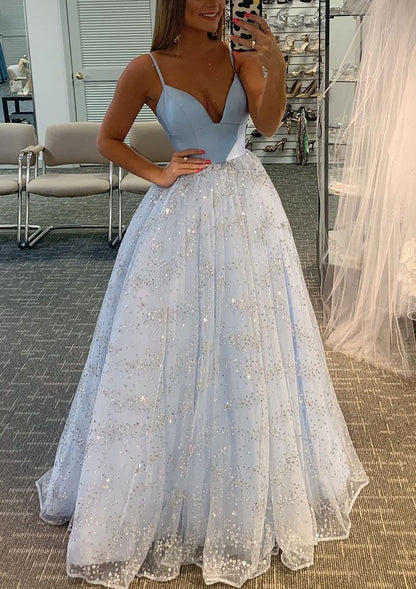 A-line Sweetheart Sleeveless Tulle Satin Sweep Train Prom Dress With Glitter