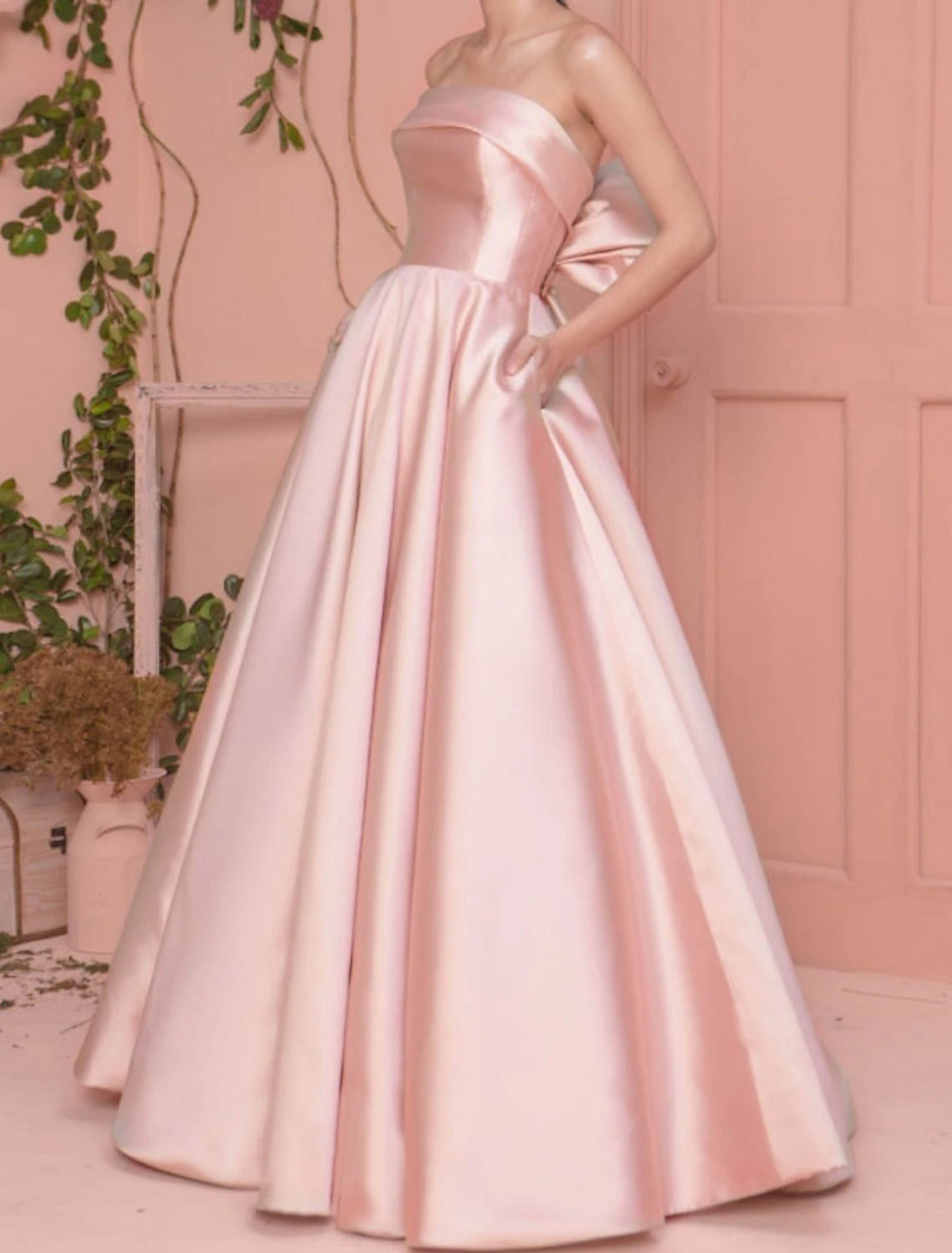 A-Line Prom Dresses Elegant Dress Wedding Guest Floor Length Strapless Satin with Pleats