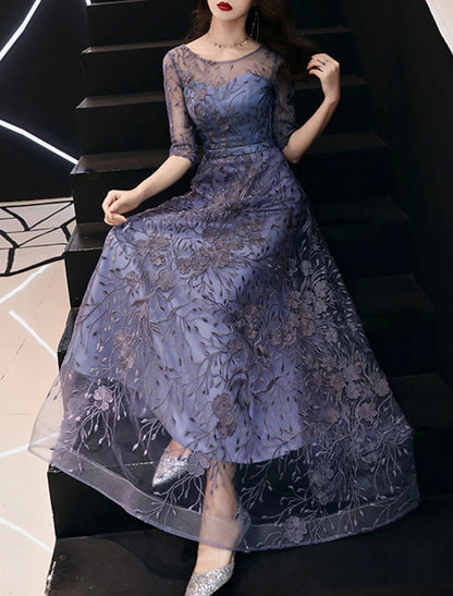 A-Line Evening Gown Wedding Guest Floor Length Half Sleeve Jewel Neck Tulle with Embroidery Pattern / Print