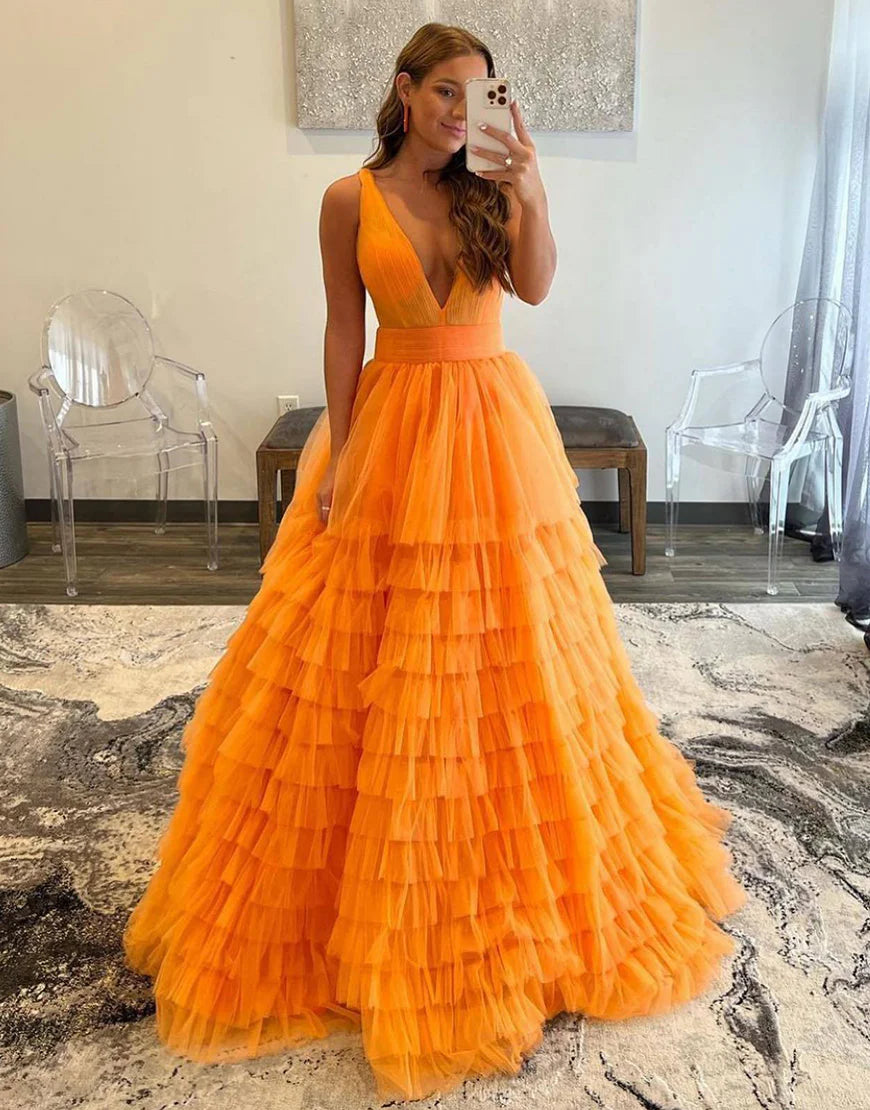 A-line Tulle Long Tiered V-Neck Prom Dress