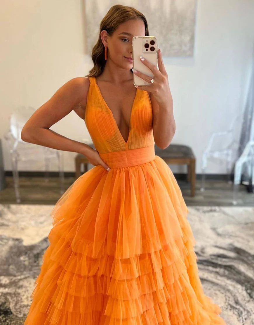 A-line Tulle Long Tiered V-Neck Prom Dress