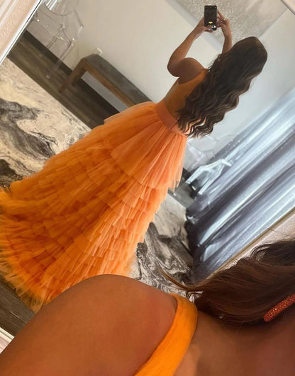 A-line Tulle Long Tiered V-Neck Prom Dress