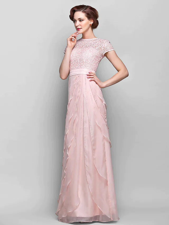 Mother of the Bride Dress Jewel Neck Floor Length Chiffon Lace Short Sleeve with Lace Ruffles