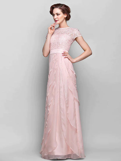 Mother of the Bride Dress Jewel Neck Floor Length Chiffon Lace Short Sleeve with Lace Ruffles