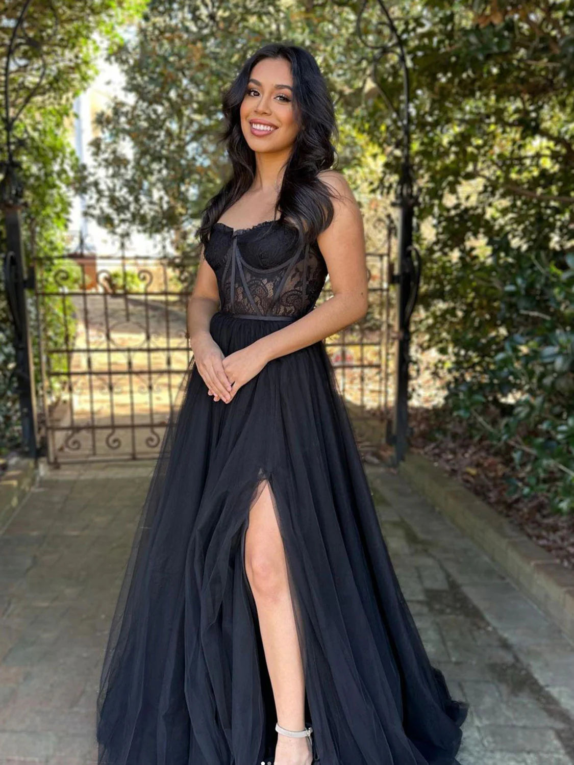 A-Line Lace Tulle Red Long Prom Dress Lace Formal Evening Dresses With Slit