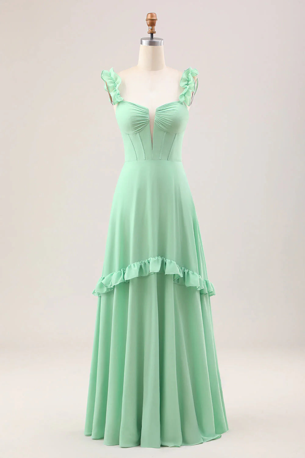 Green A-line Off Shoulder Chiffon Corset Long Bridesmaid Dress