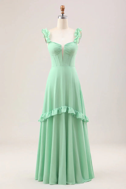 Green A-line Off Shoulder Chiffon Corset Long Bridesmaid Dress