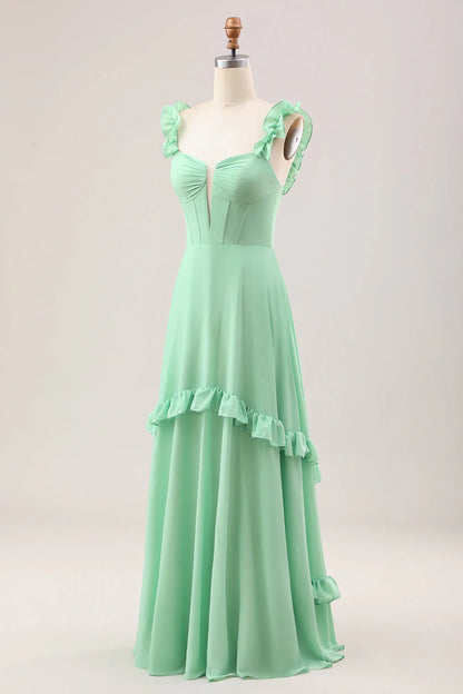 Green A-line Off Shoulder Chiffon Corset Long Bridesmaid Dress