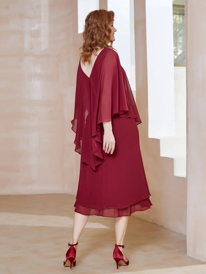 Chiffon V-Neck Flutter Sleeves Chiffon Mother of the Bride Dresse Burgundy Cape Dresse
