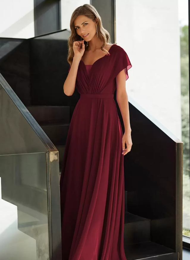 Chiffon Mother of the Bride Dresse V-Neck Short Sleeves A-Line Pleated Guest Dresses