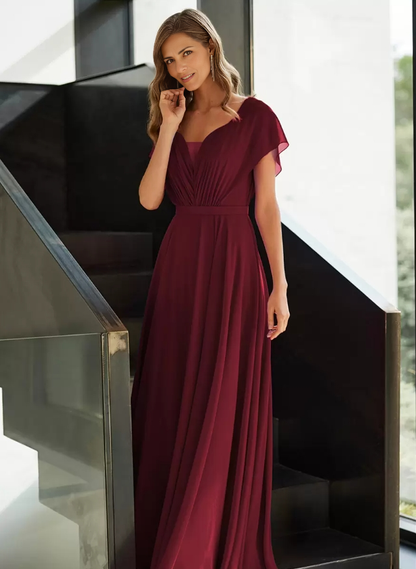 Chiffon Mother of the Bride Dresse V-Neck Short Sleeves A-Line Pleated Guest Dresses