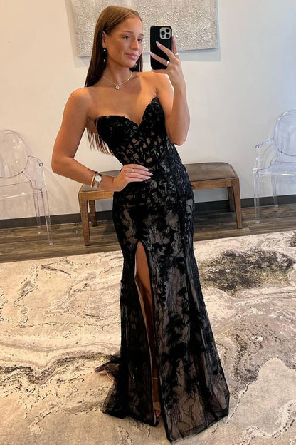Mermaid Strapless Black Lace Long Prom Dresses With Slit