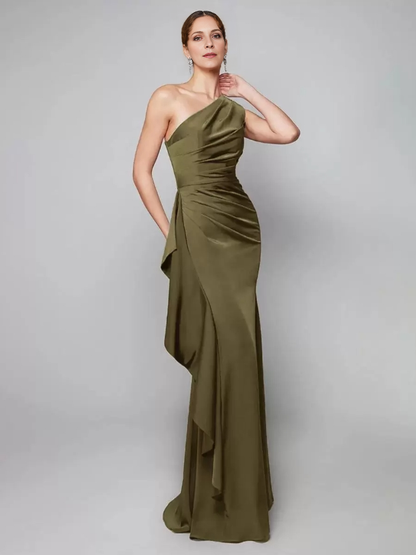 Sheath One-Shoulder Pleated Sweep Asymmetrical Mermaid Guest Dresses  Mother of the Bride Dresse