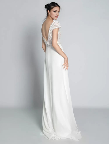Boho Wedding Dress Chiffon Lace A-Line With Train Natural Waist Backless Short Sleeves V-Neck Ivory Bride Gown