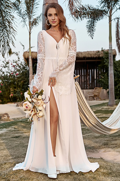 Ivory Lace Chiffon Trumpet Sleeve V-Neck Boho Wedding Dress With Slit