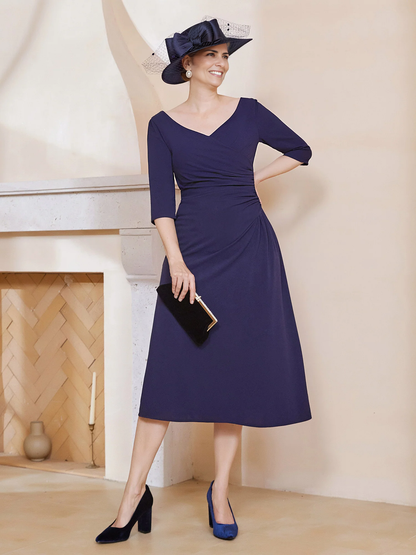 V-Neck Pleated A-line Dress Dark Navy