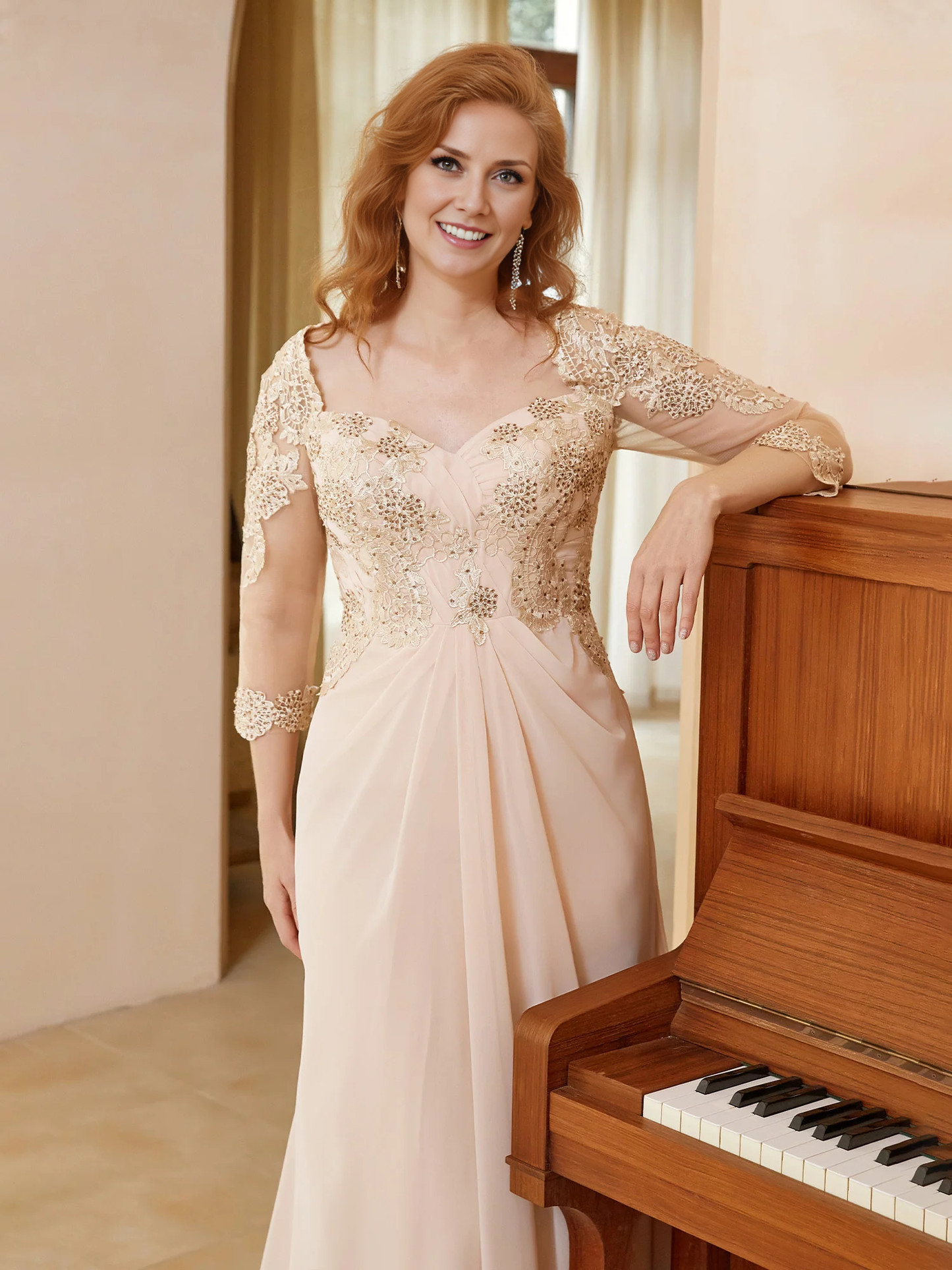 Chiffon Appliqued Dress with Open Back Champagne Chiffon Mother of the Bride Dresse