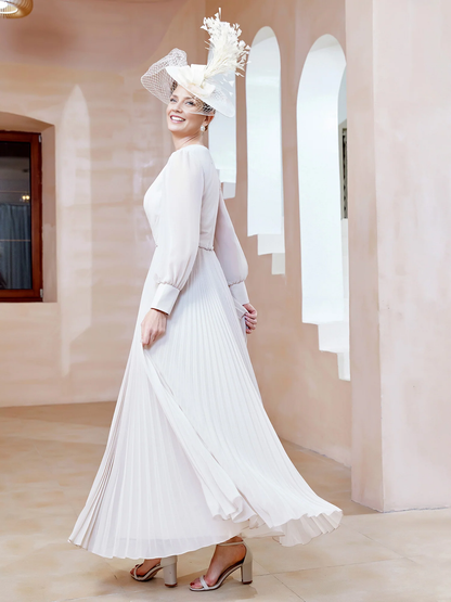 V-neck Long Sleeves Pleated Ruched Dress Ivory Floor-length Chiffon Mother of the Bride Dresse