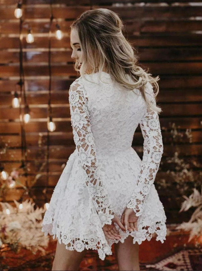 Cute A-Line Short Wedding Dresses Jewel Neck Long Sleeves A-Line Lace Bridal Gowns
