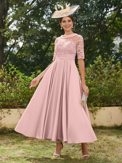 A-Line/Princess Scoop Half Sleeves Ankle-Length Long Evening Dresses Mother of the Bride Dresse with Appliques