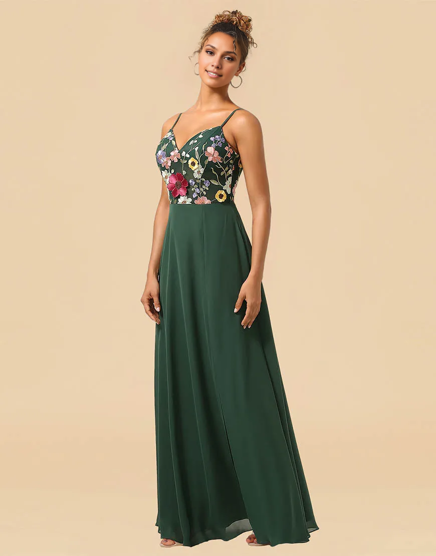 A-Line Princess Dark Green Spaghetti Straps Long Bridesmaid Dress With Embroidery Flowers