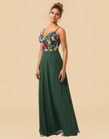 A-Line Princess Dark Green Spaghetti Straps Long Bridesmaid Dress With Embroidery Flowers