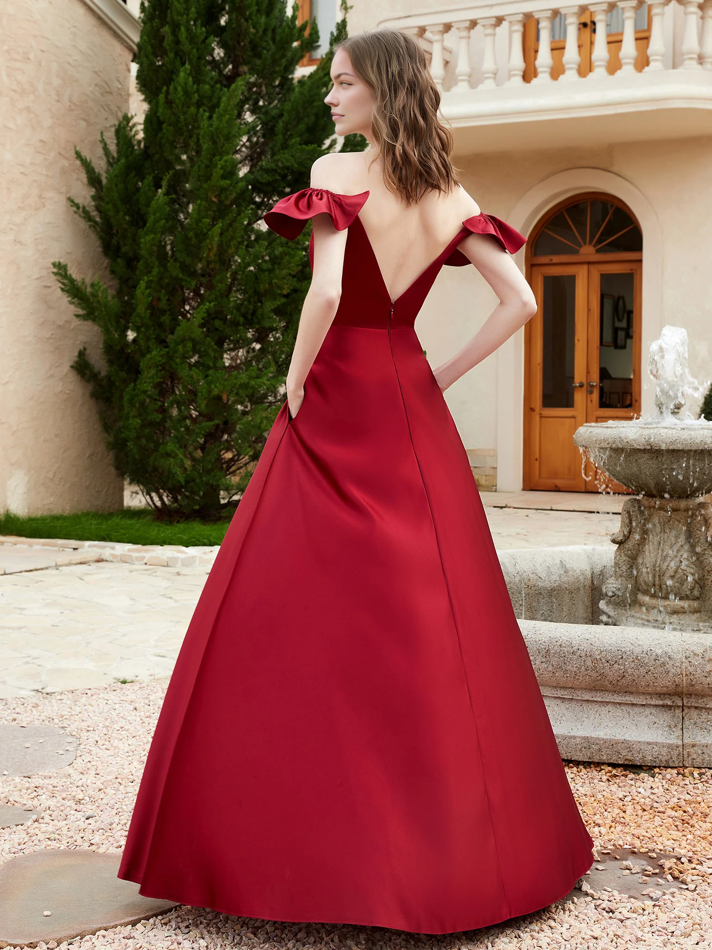 A-Line  Burgundy Off the Shoulder Satin Bridesmaid Gown With Pocket