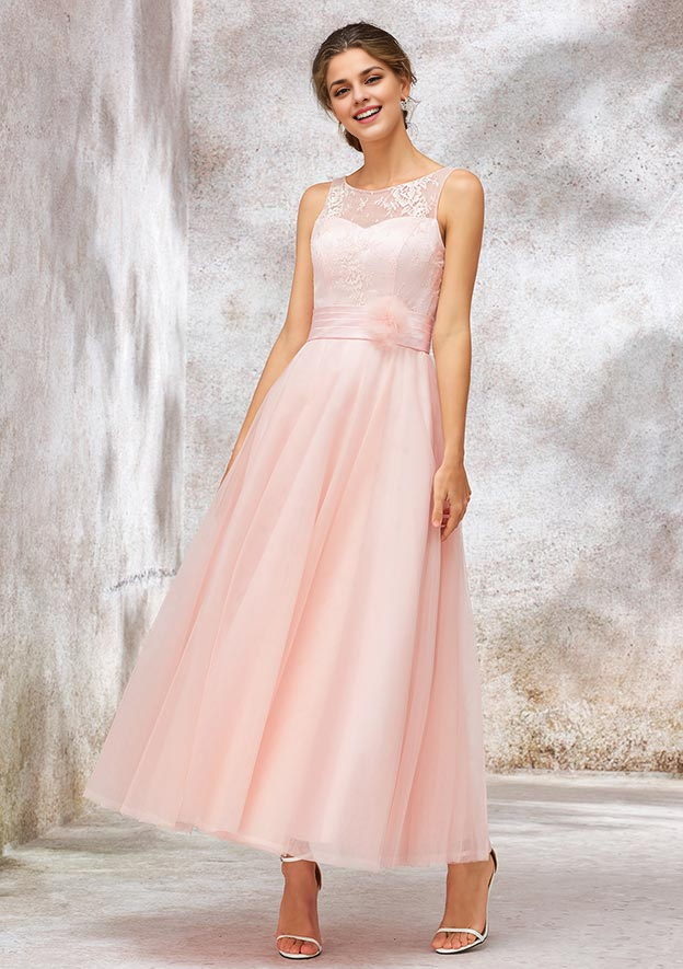 Tulle Bridesmaid Dress A-line Bateau Sleeveless Tea-Length With Waistband Lace Wedding Guest Party Dresses