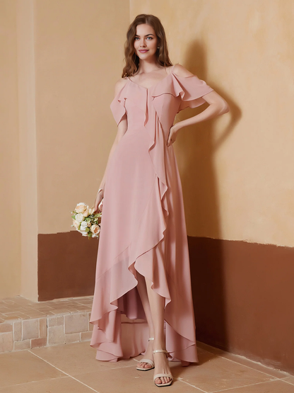 V-neck Off Shoulder Ruffles Asymmetrical Bridesmaid Dress