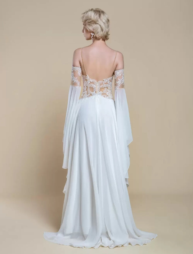 Lace A-Line With Train Natural Waist Spaghetti Straps Long Sleeves Boho Wedding Dress