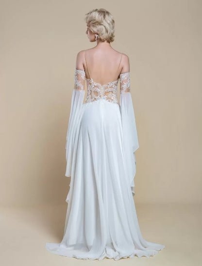 Lace A-Line With Train Natural Waist Spaghetti Straps Long Sleeves Boho Wedding Dress