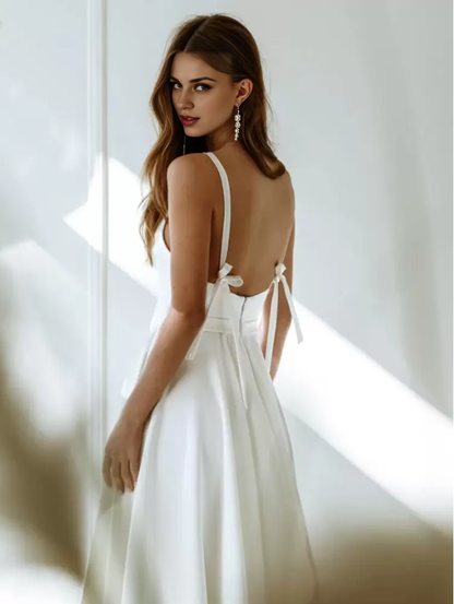 Simple Wedding Dress A-Line V-Neck Sleeveless Bows Bridal Dresses