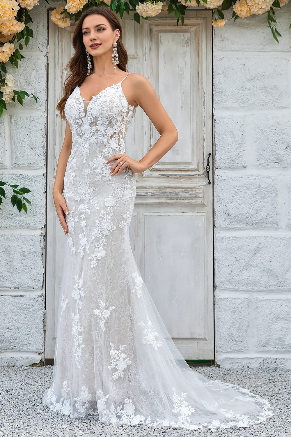 Ivory Mermaid Lace Long V-Neck Wedding Dress Train Dresses