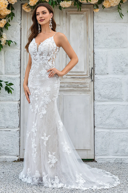 Ivory Mermaid Lace Long V-Neck Wedding Dress Train Dresses
