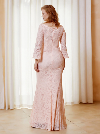 Scoop Neck Long Sleeves Lace Dress Pearl Pink Floor-length Mother of the Bride Dresse