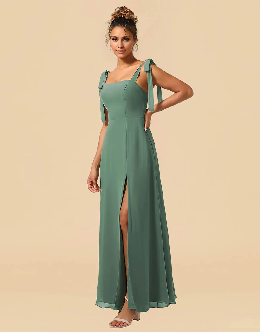 A-Line Tie Straps Floor Length Chiffon Bridesmaid Dress Wedding Guest Party Dresses with Split