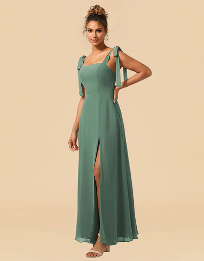 A-Line Tie Straps Floor Length Chiffon Bridesmaid Dress Wedding Guest Party Dresses with Split