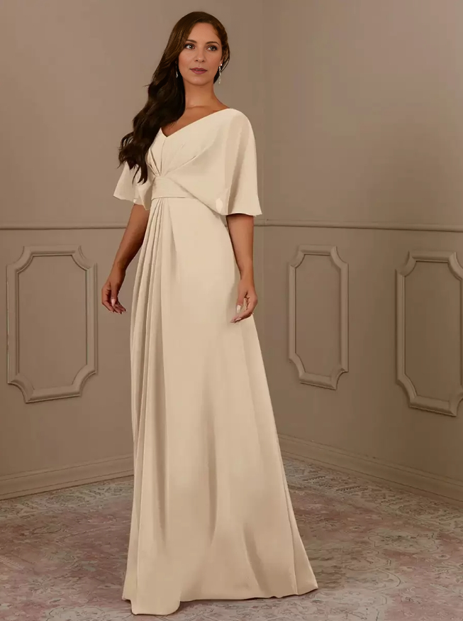 V-Neck Short Sleeves A-Line Pleated Wedding Guest Dresses Chiffon Mother of the Bride Dresse