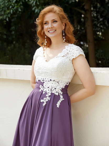 V Neck Chiffon Dress with Ivory Appliqued Bodice Grape Mother of the Bride Dresse