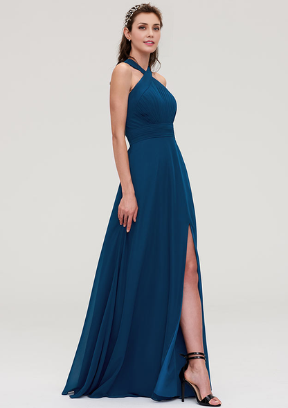 A-line Sleeveless Long/Floor-Length Chiffon Bridesmaid Dresses With Split Pleated