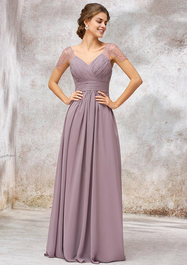 Chiffon Bridesmaid Dress A-line Long/Floor-Length V Neck Cap Straps With Pleated Beading
