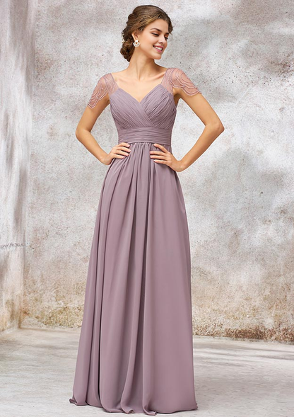 Chiffon Bridesmaid Dress A-line Long/Floor-Length V Neck Cap Straps With Pleated Beading