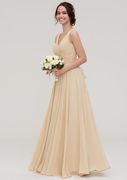 V Neck Sleeveless LongFloor-Length Chiffon Bridesmaid Dress With Sashes Pleated
